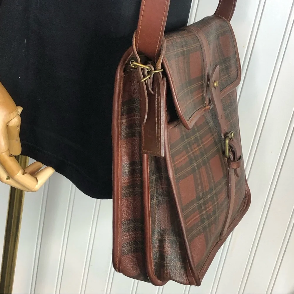 RALPH LAUREN Tartan Plaid Large Leather Crossbody Messenger Shoulder Bag